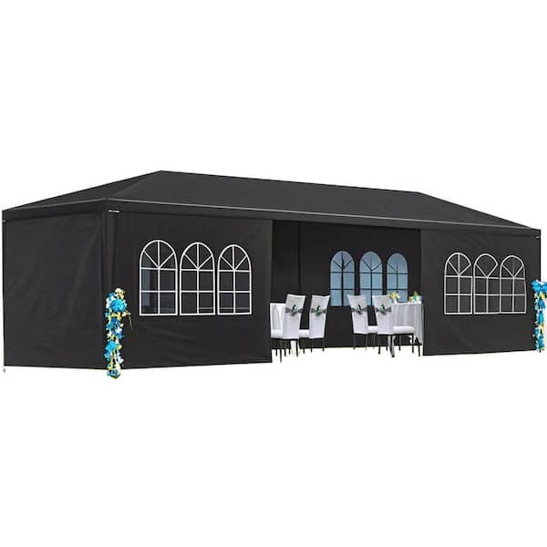 10 ft. x 30 ft. Party Wedding Canopy, Waterproof Patio Event Tent with 8 Removable Sidewalls, Black