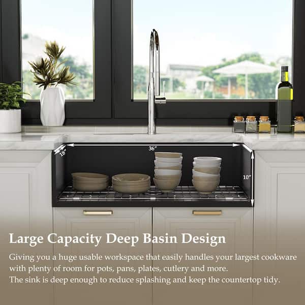 Kuomih Black Fireclay 36 in. Single Bowl Farmhouse Apron