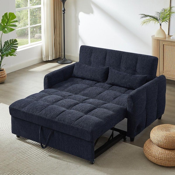 52.8 in Round Arm Chenille Rectangle Pull-out Sofa Bed with Adjustable Backrest, 3 USB Ports, 2-Pillows in Blue