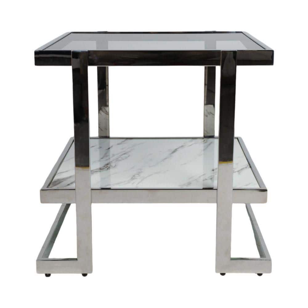 Elegant Silver & Marble Mirrored Side Table with Geometric Base