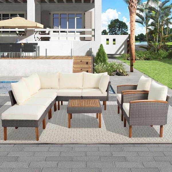 FORCLOVER Patio Rattan 8 Seat 9-Piece Wicker Patio Conversation Set with Beige Cushion and Coffee Table