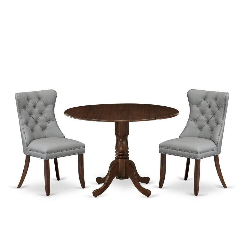 3-Piece Antique Walnut Finish Solid Wood Top-Round Upholstered Dining Room Set with Dropleaf-Seats 4