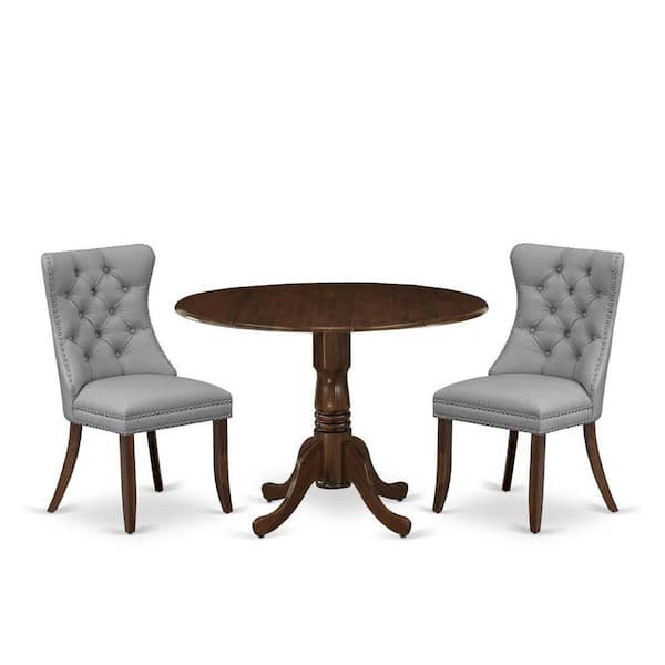 East West Furniture 3-Piece Antique Walnut Finish Solid Wood Top-Round Upholstered Dining Room Set with Dropleaf-Seats 4