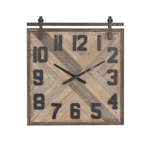 24 in. x 27 in. Brown Wooden Sliding Barn Door Style Wall Clock