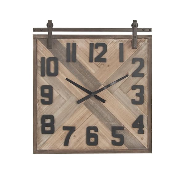 Litton Lane 24 in. x 27 in. Brown Wooden Sliding Barn Door Style Wall Clock