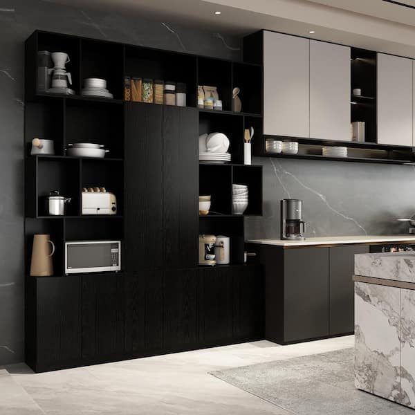 FUFU&GAGA Black Wood Storage Cabinet Combination Kitchen Sideboard Pantry With Door Cabinets, Open Shelves