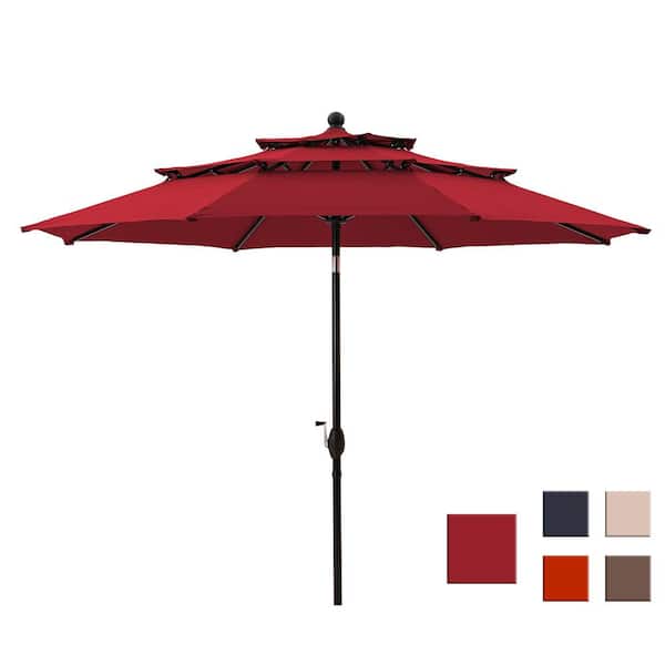 CASAINC 10 ft. Aluminum Market Triple Top Patio Umbrella in Burgundy CA