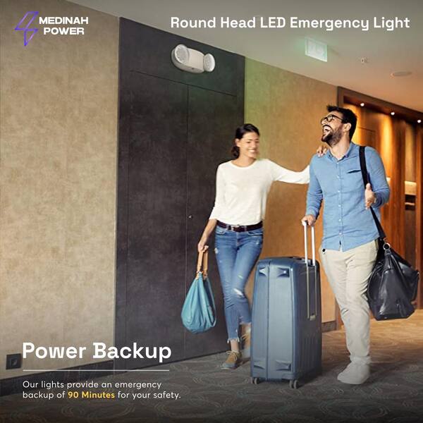 Medinah Power Integrated LED Emergency Light with 2 Round Adjustable Lamps, 90 Min Backup, Damp Rated, UL Listed, 120/277VAC, White DH-EL-RD