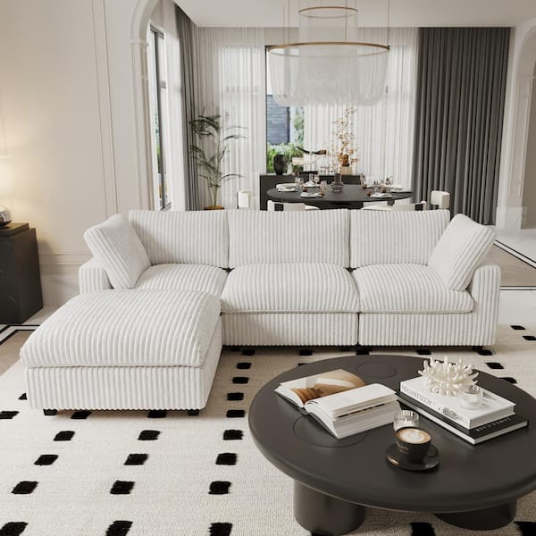 Lawson Cloud Couch 118 in. Square Arm Velvet Solid Wood Modular Convertible Sofa with Ottoman, Washable Covers in. White