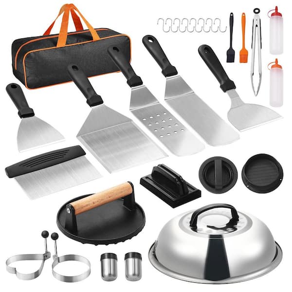 28PCS Griddle Accessories Kit, Accessory, Enlarged, Stainless Steel, Basting Cover, Tong, Burger Press, Carry Bag