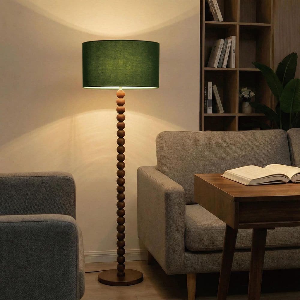 Keazile 61 in. Green Linen Shade Standard Floor Lamp with Walnut