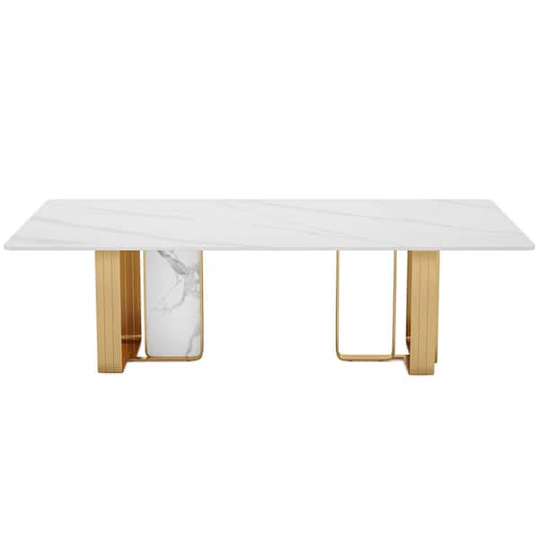 BYBLIGHT Roesler Gold and White Sintered Stone 78.7 in. W Double Pedestal Rectangle Dining Table Seats 8 for Kitchen, Dining Room