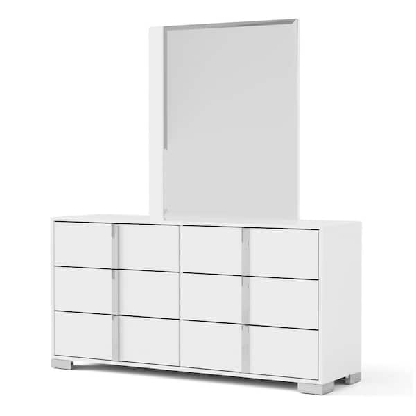 Mesala White 6-Drawer 61 in. Dresser with Mirror with Chrome Accents and Legs, Vertical Chrome Handles