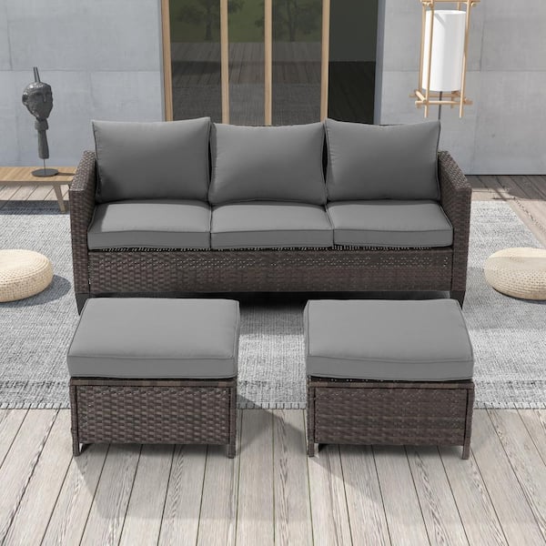 JOYESERY 3-Seater Patio Brown Wicker Sofa set with Ottomans, Gray Cushion