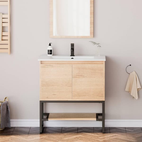 eclife 30 in. W x 18 in. D x 33 in. H Single Sink Freestanding Bath Vanity Cabinet in Natural with White Ceramic Top