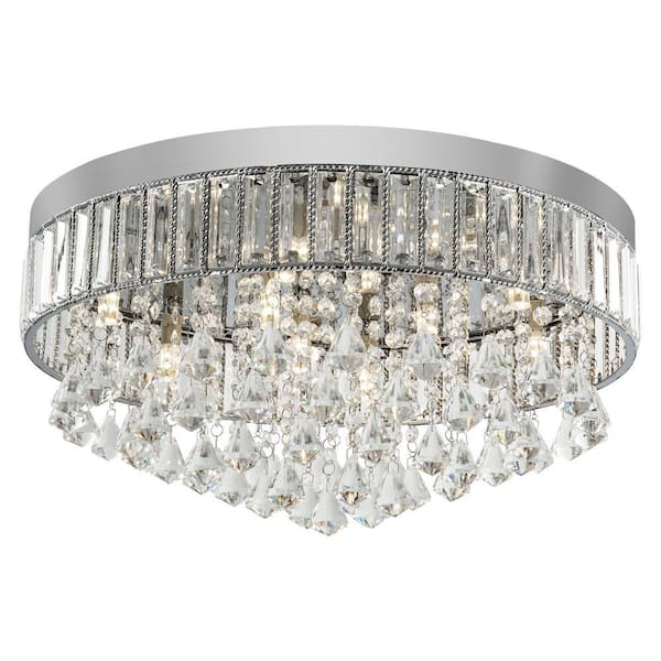 19.68 in. 9-Light Silver Modern Round Flush Mount Ceiling Light with Clear Crystal Shade and No Bulbs Included