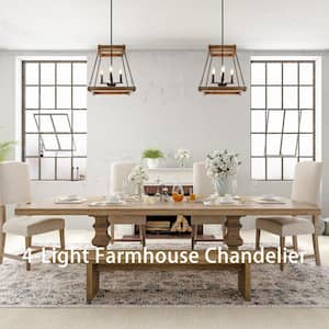 Eniso Industrial Black Candlestick Chandelier with Open Cage Shade Farmhouse Island Chandelier with Faux Wood Grain