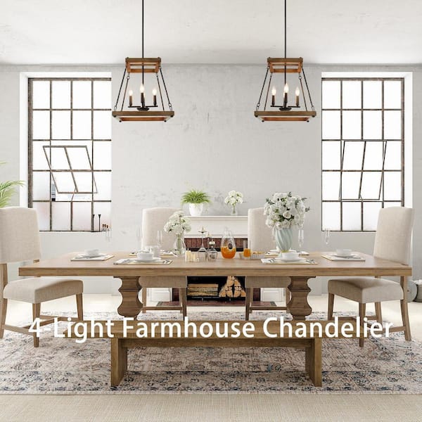Eniso Industrial Black Candlestick Chandelier with Open Cage Shade Farmhouse Island Chandelier with Faux Wood Grain