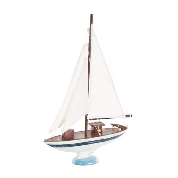 White Wood Distressed Sail Boat Sculpture with Brown Wood and Beaded Accents