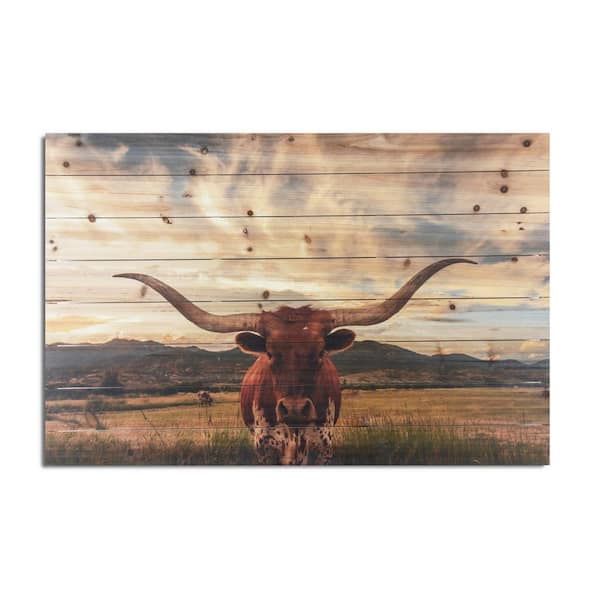 Unbranded Longhorn Planked Wood Animal Art Print 24 in. x 36 in.