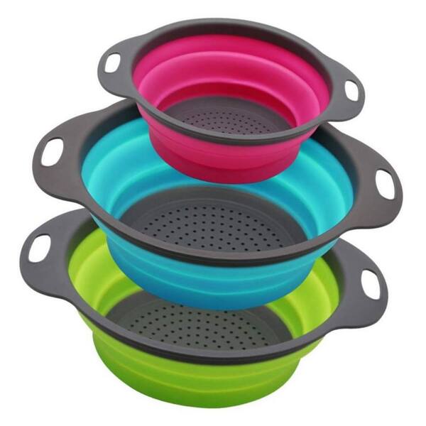 Collapsible Space-Saving Ergonomic Silicone Colander Set of 3 (Green, Blue, Purple)
