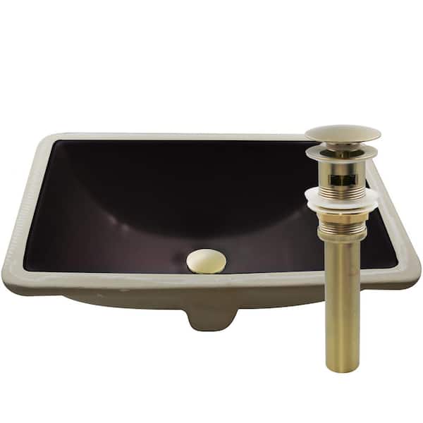 18.25 in. Rectangular Undermount Porcelain Bathroom Sink in Flat Black with Overflow Drain in Satin Brass