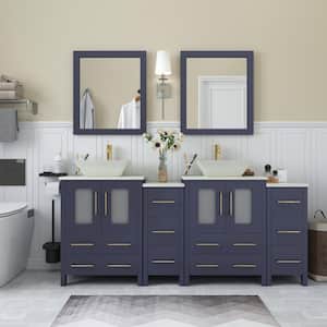Ravenna 72 in. W Double Basin Bathroom Vanity in Blue with White Engineered Marble Top and Mirror