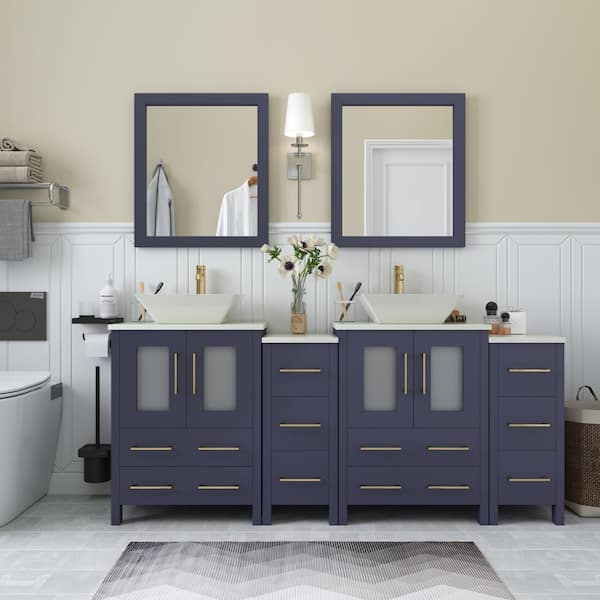 Vanity Art Ravenna 72 in. W Double Basin Bathroom Vanity in Blue with White Engineered Marble Top and Mirror