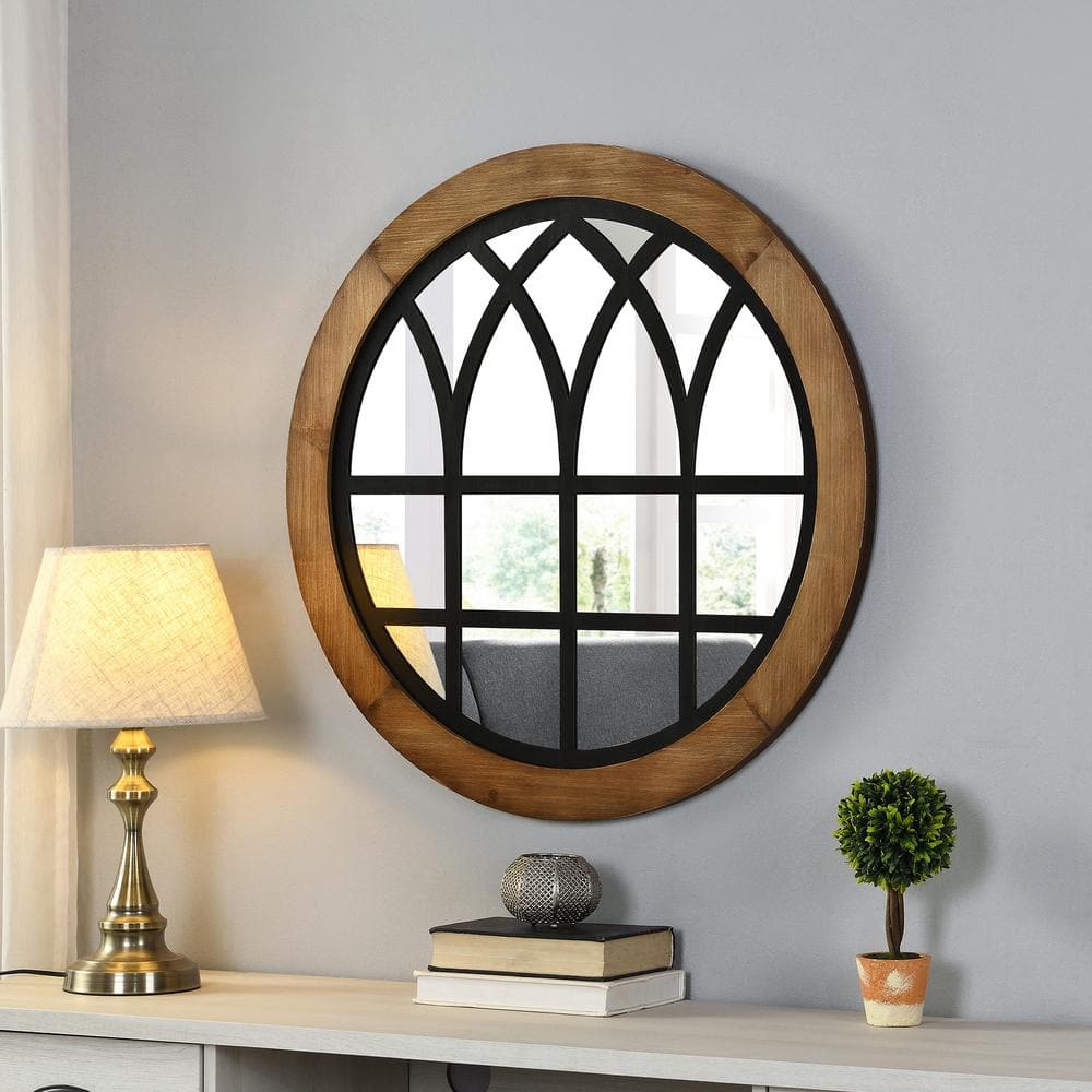 Covington Farmhouse 32'' Rustic Wood and Black Arch Wall Mirror