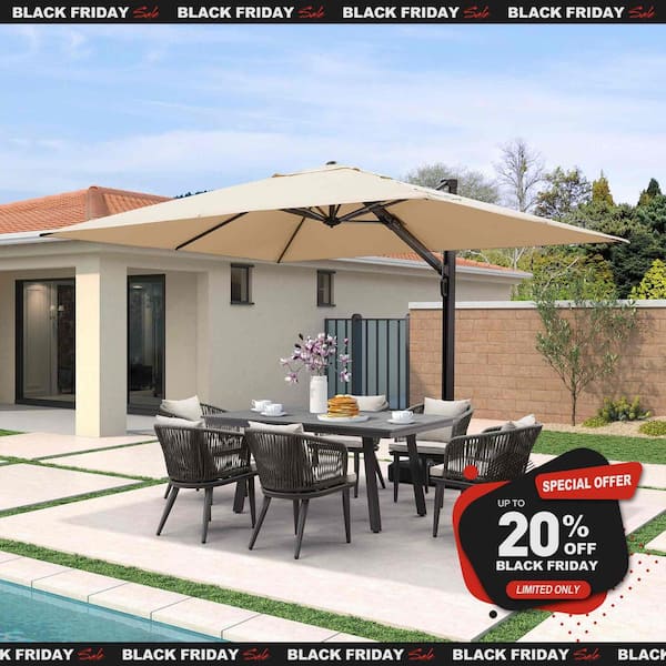 9 ft. x 12 ft. Large Outdoor Aluminum Cantilever 360-Degree Rotation Patio Umbrella with Base, Beige