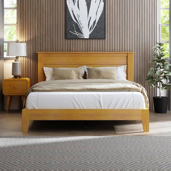 GALANO Tiena Lencia Amber Walnut Brown Wood Frame Queen Platform Bed with Headboard