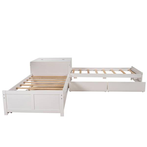 Z-joyee White Wood L-shaped Platform Bed with Trundle and Drawers