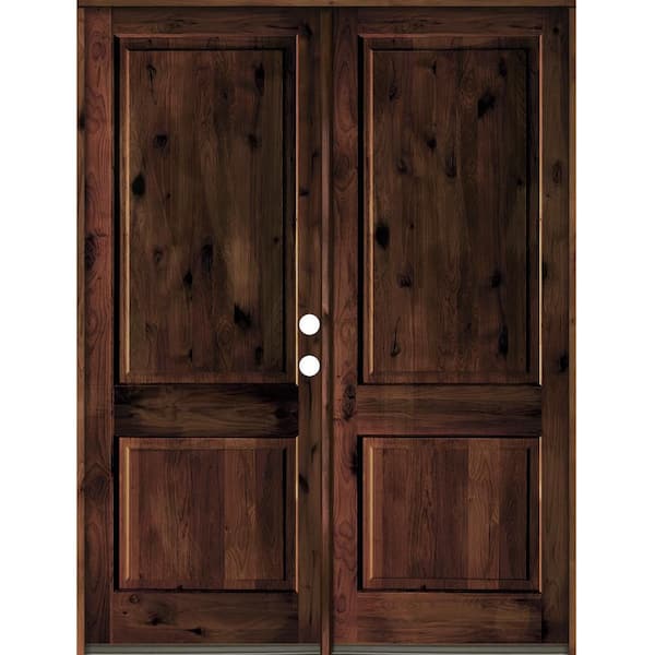 72 in. x 96 in. Rustic Knotty Alder 2-Panel Square Top Red Mahogany Stain Left-Hand Wood Double Prehung Front Door