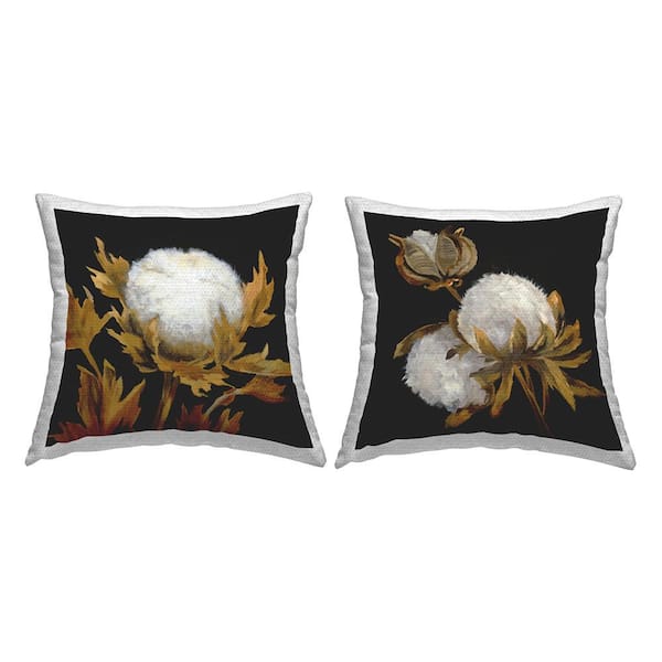 Dark Vintage Cotton Flowers Black Square Outdoor Throw Pillow 2-Pack