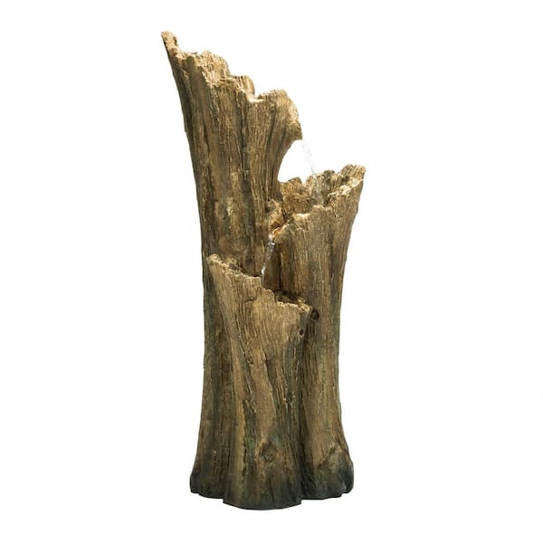 Alpine Corporation 39 in. Tall Outdoor 3-Tier Cascading Tree Bark Water Fountain with LED Lights