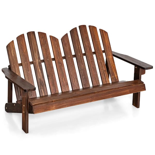 Costway 2-Person Coffee Adirondack Chair Kid Solid Wood Loveseat Backrest Arm Rest Patio