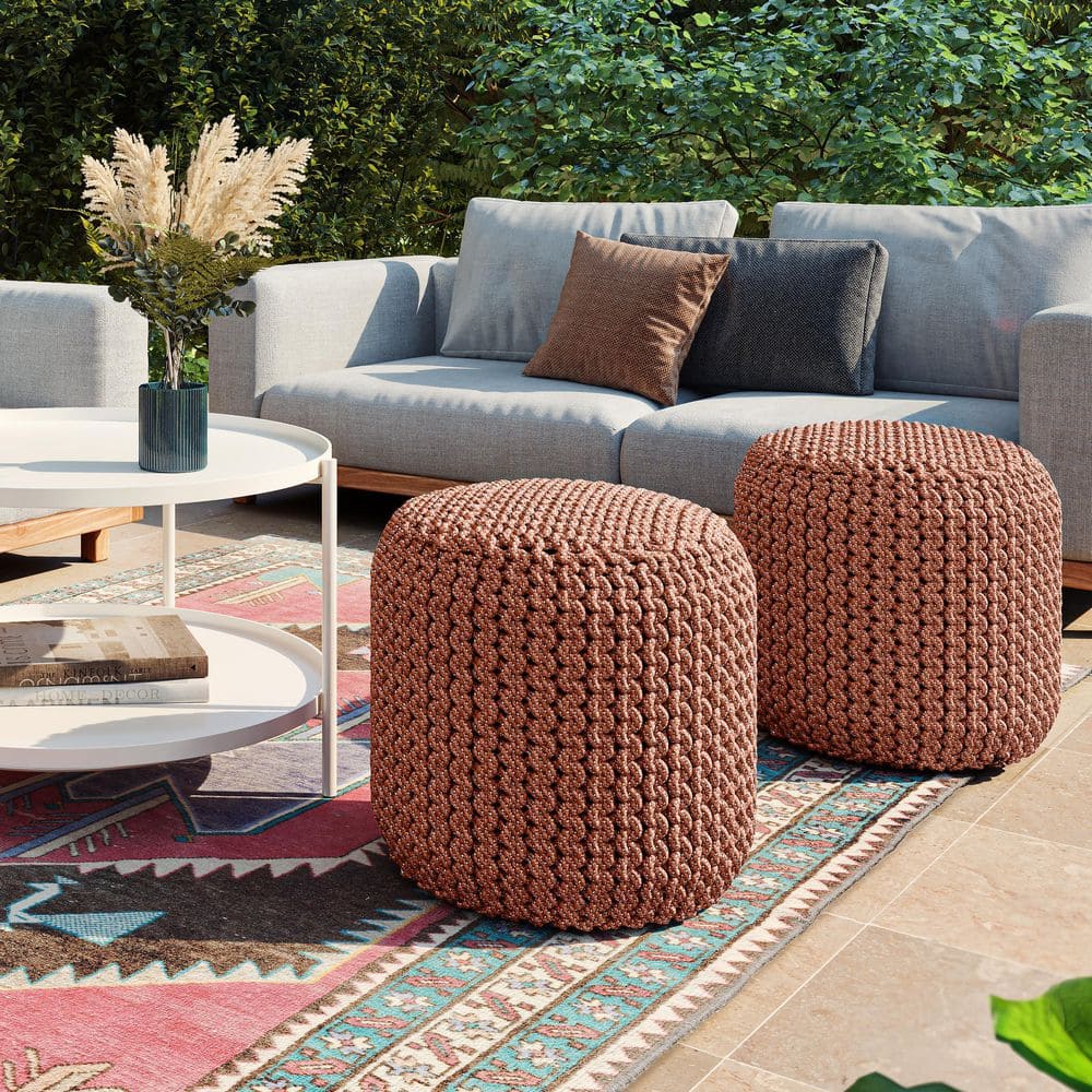Simpli Home Wynne Orange Round Knitted Outdoor/Indoor Pouf AXCODPF