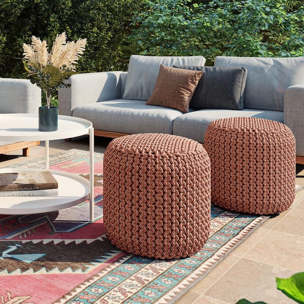 Wynne Orange Round Knitted Outdoor/Indoor Pouf
