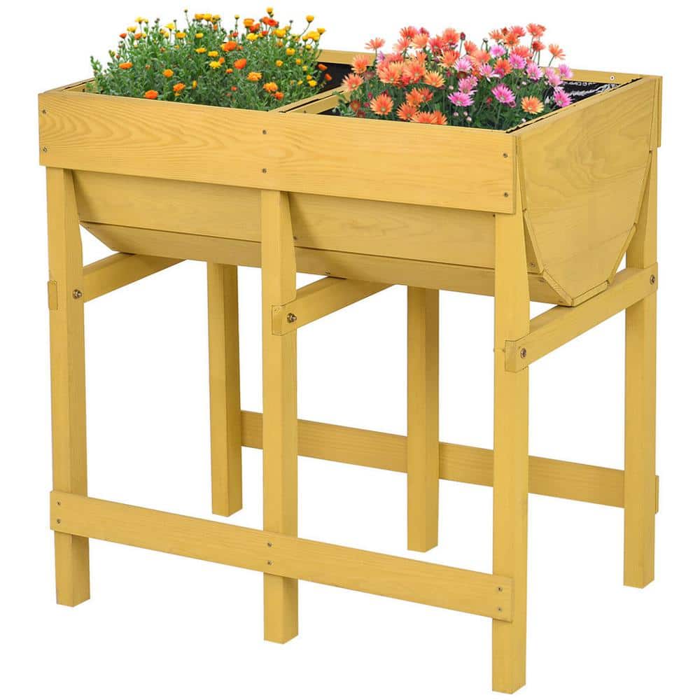 Deep Yellow Fir Wood Rectangular Raised Garden Bed with Liner