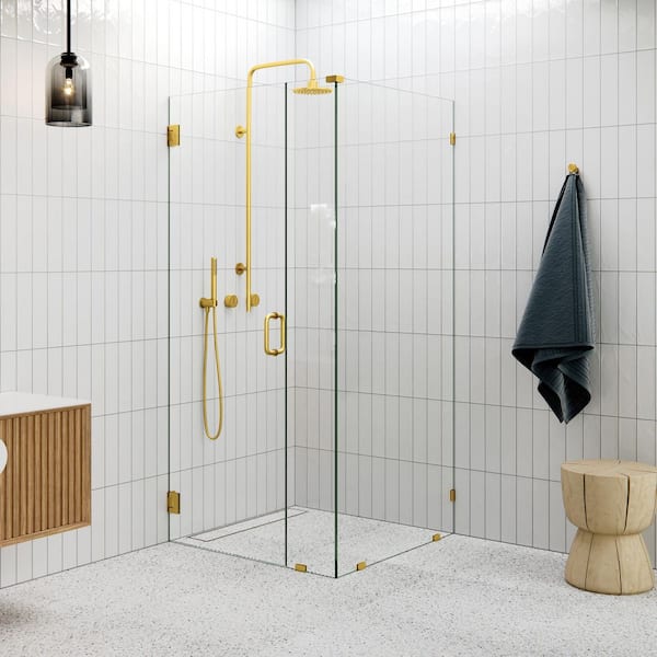 34 in. W x 34 in. D x 78 in. H Pivot Frameless Corner Shower Enclosure in Satin Brass Finish with Clear Glass