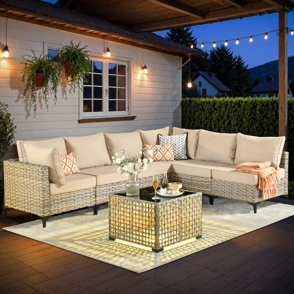 HOOOWOOO Holston 7-Piece Wicker Modern Outdoor Patio Conversation Sofa Sectional Set with a LED Table and Beige Cushions