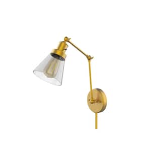 1-Light Brass Plug-In/Hardwired Swing Arm Wall Lamp with 6 ft. Fabric Cord and Clear Glass Shade