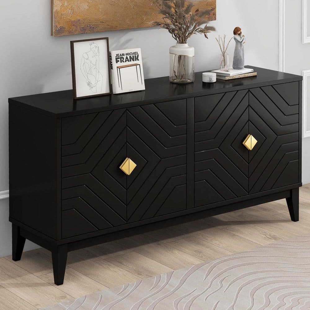 Black Wood MDF 60 in. Buffet Sideboard Storage Cabinet with with Gold Handles and Adjustable Shelf for Living Room price history on PriceWatchPro