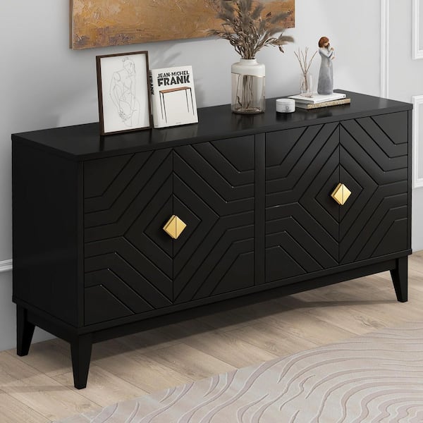 Black Wood MDF 60 in. Buffet Sideboard Storage Cabinet with with Gold Handles and Adjustable Shelf for Living Room