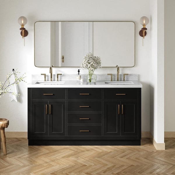 ARIEL Hepburn 66 in. Double Sink Freestanding Bathroom Vanity in Black with Carrara White Marble Top