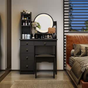 5-Drawers Black Wood Makeup Vanity Set Dressing Desk W/Stool, LED Round Mirror and Storage Shelves