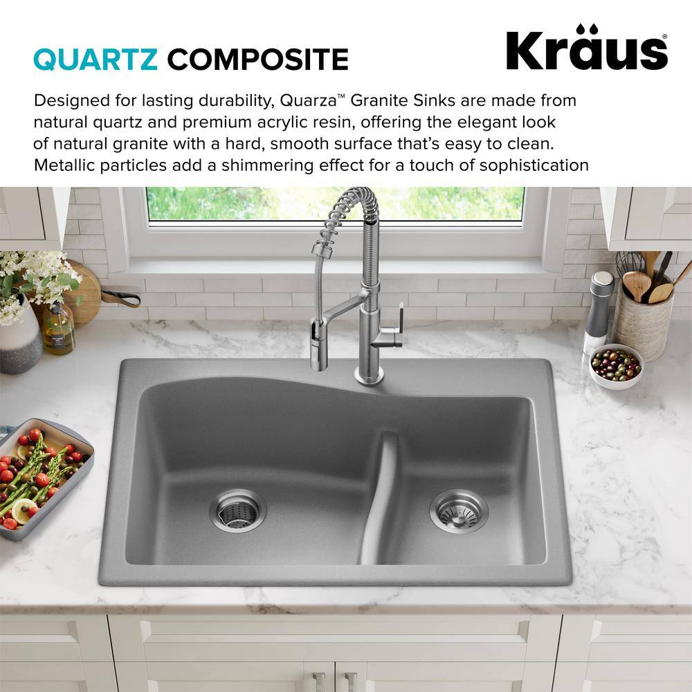 Gray 33-inch Dual Mount Double Bowl Granite Kitchen Sink