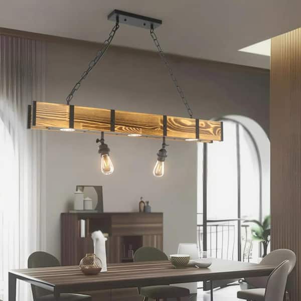 TOZING 5-Light Wood Rectangular Black Industrial Vintage Rustic Linear Chandeliers Farmhouse Pendant Light for Kitchen Island