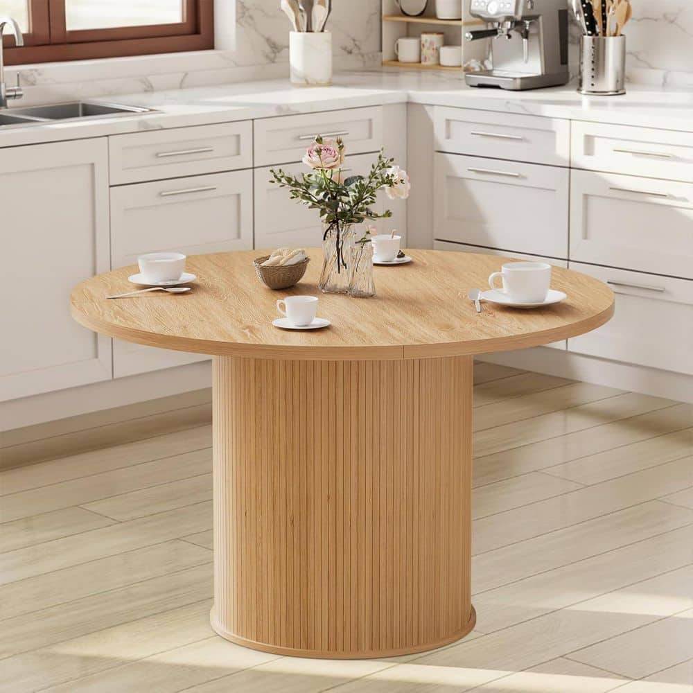 Round Dining Table Natural Wood Color 48 in. Kitchen Table With Wood Column Base Dining Table Seats 6