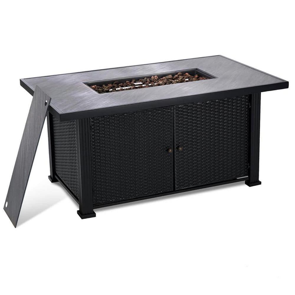 57 in. 50,000 BTU Black Slatted Outdoor Double Door Rectangular Propane Fire Pit Table with Lid Lava Rock and Rain Cover